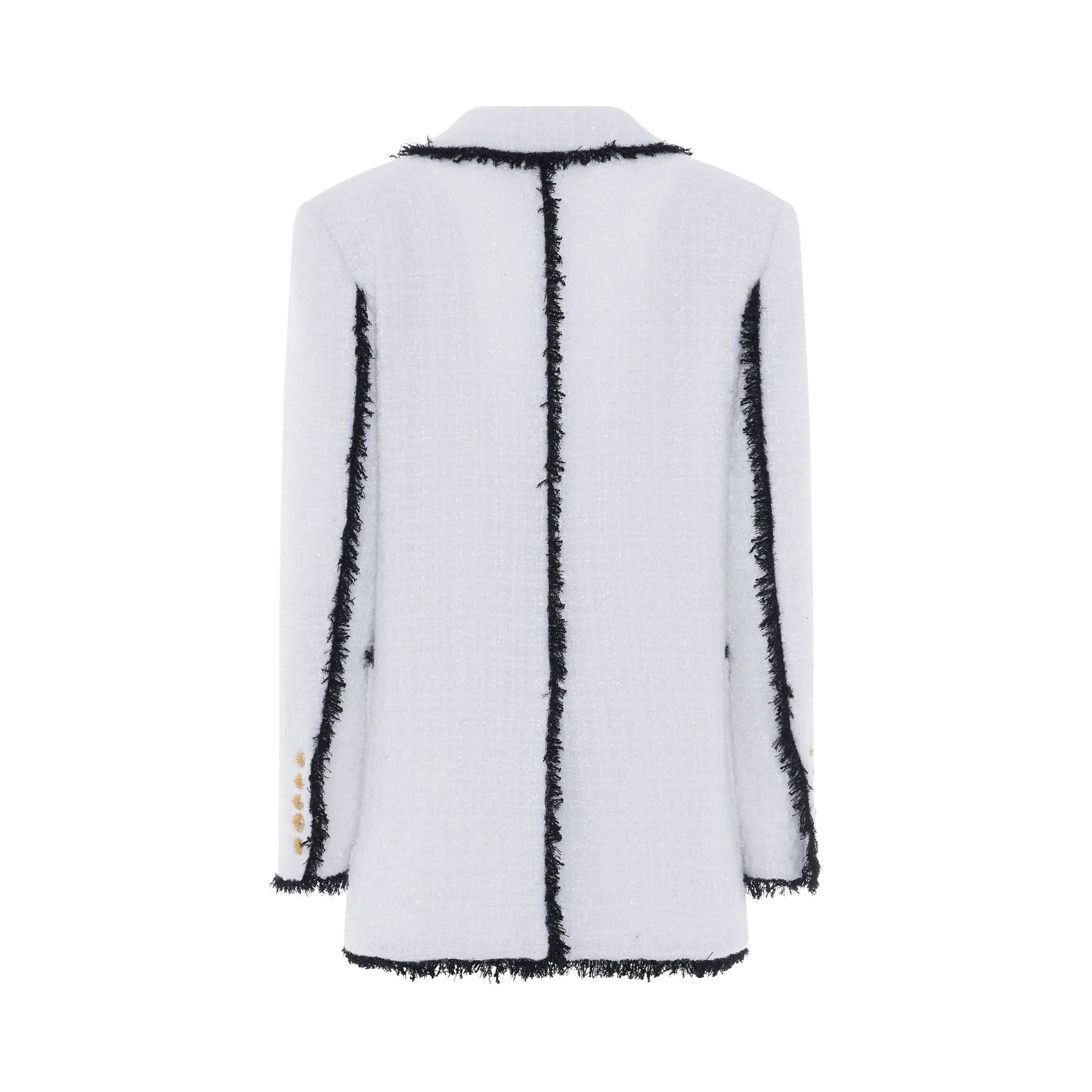 6 Button Fringed Tweed Blazer in White/Black