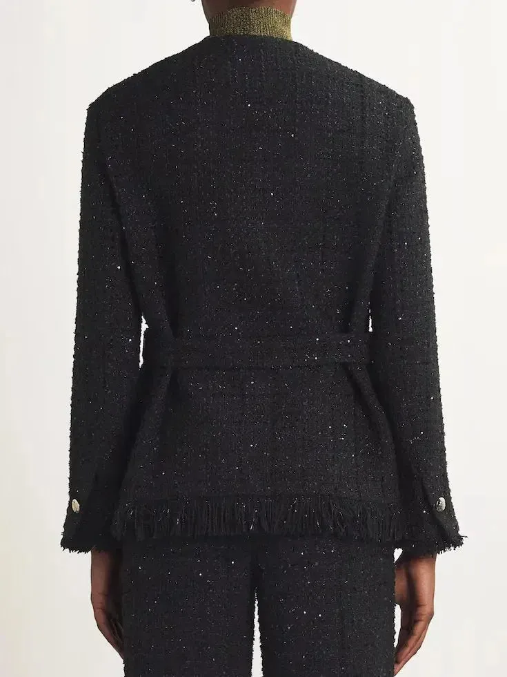 Belted Black Fringed Tweed Jacket with Metallic Threading