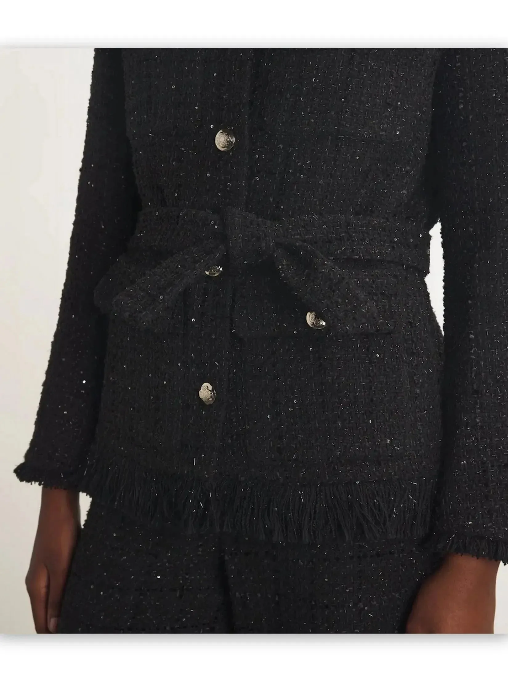 Belted Black Fringed Tweed Jacket with Metallic Threading