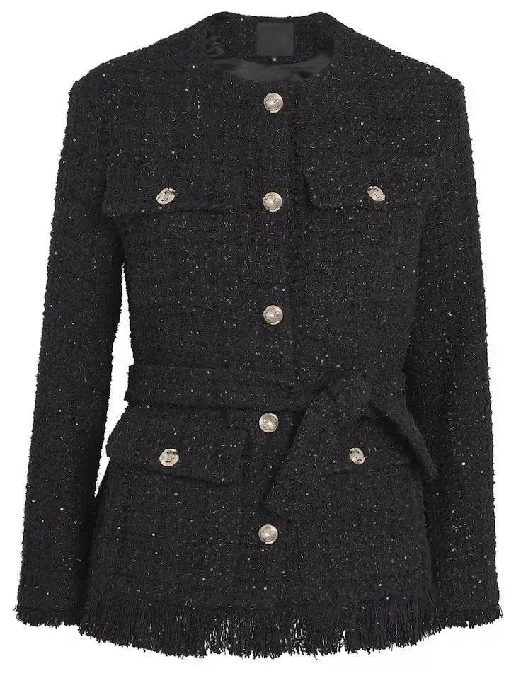 Belted Black Fringed Tweed Jacket with Metallic Threading