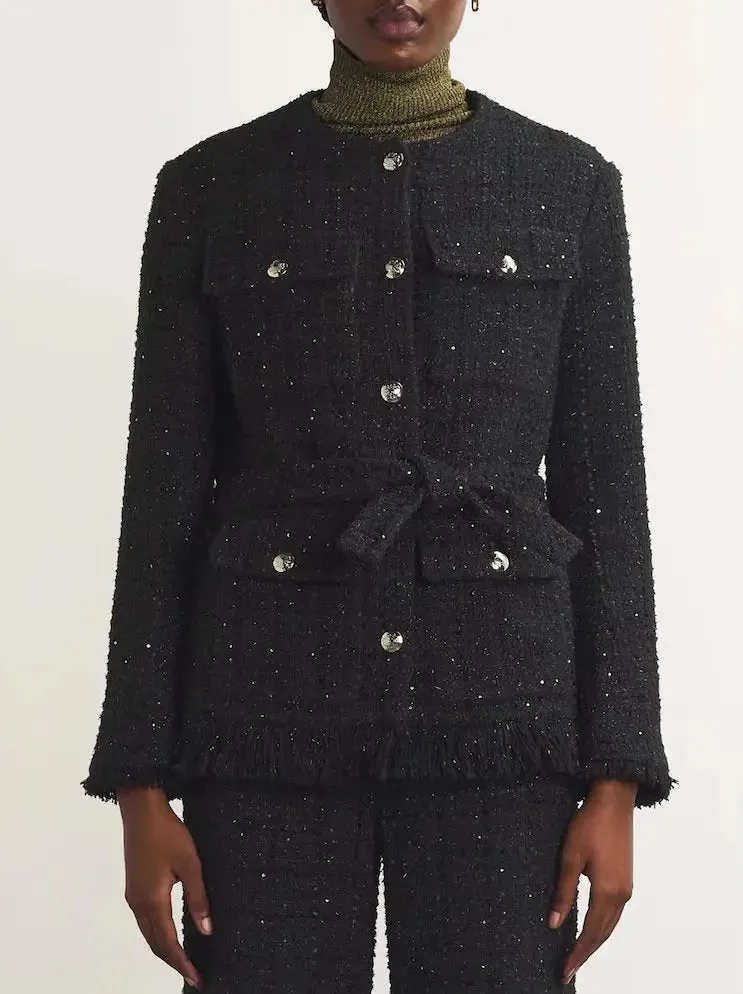 Belted Black Fringed Tweed Jacket with Metallic Threading