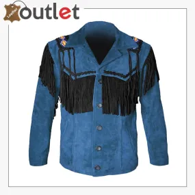 Blue Western Cowboy Men's Brown Fringed Suede Leather Jacket