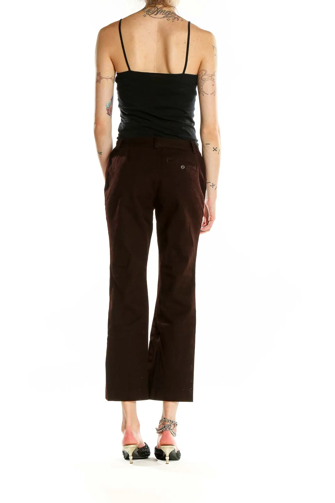 Brown Cotton Blend Cropped Pants