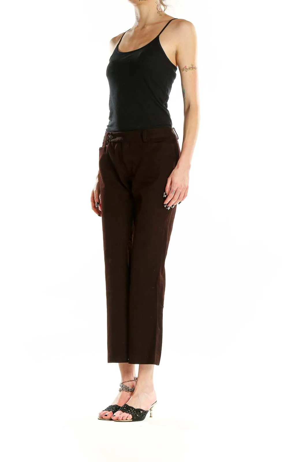 Brown Cotton Blend Cropped Pants