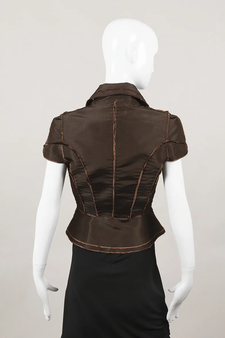 Brown Woven Collar Clasp Sleeve Jacket With Exposed Seams and Panel