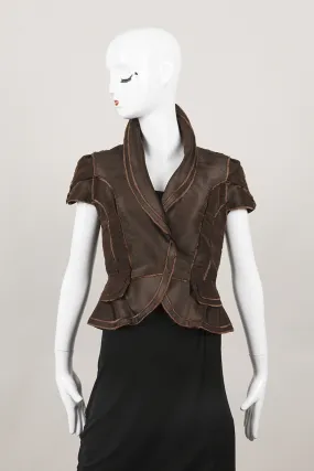 Brown Woven Collar Clasp Sleeve Jacket With Exposed Seams and Panel