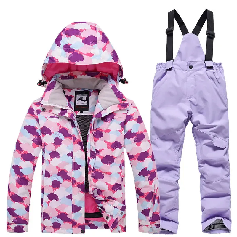 Children Printed Insulated Skiing Jackets & Trousers Suits