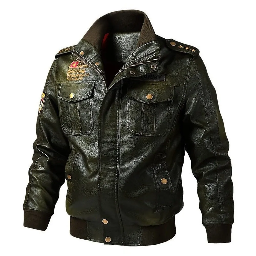 Faux Leather Windproof Autumn Military Bomber Jacket For Men