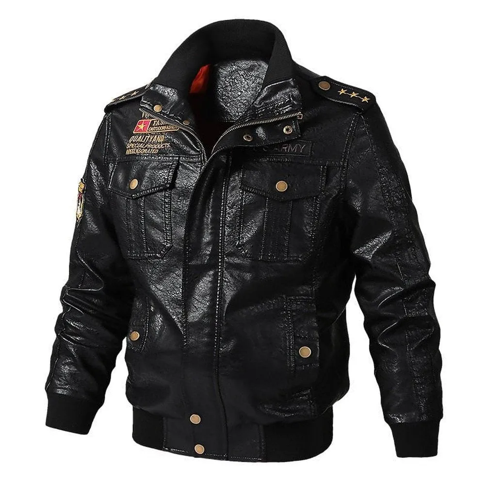 Faux Leather Windproof Autumn Military Bomber Jacket For Men