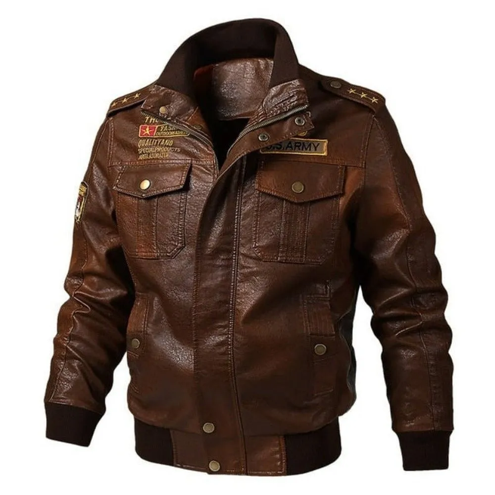 Faux Leather Windproof Autumn Military Bomber Jacket For Men