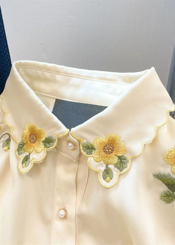 French Yellow Floral Embroideried Patchwork Silk Shirt Tops Spring LY1428