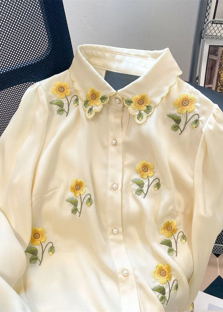 French Yellow Floral Embroideried Patchwork Silk Shirt Tops Spring LY1428