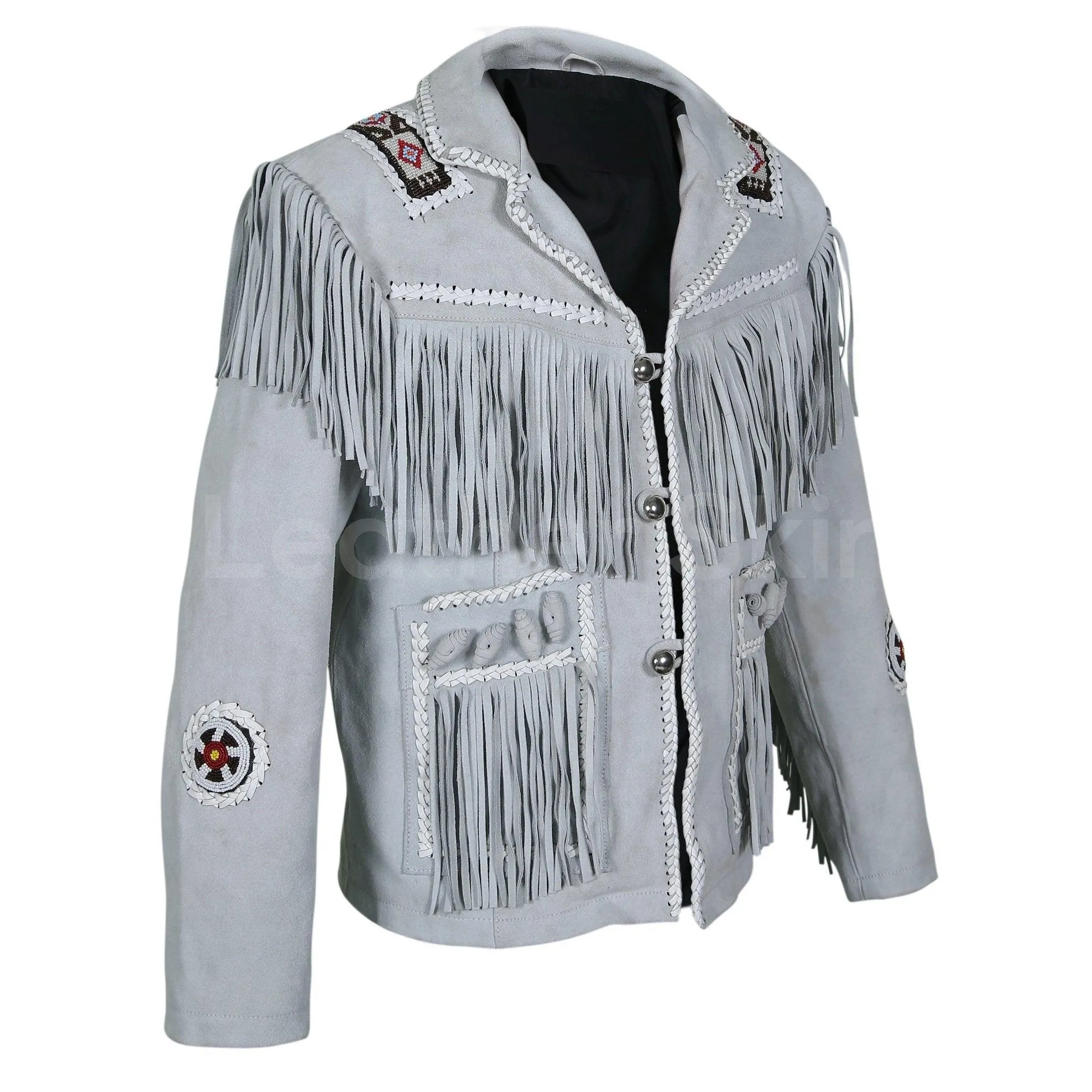 Men's White Western Style Fringes Cowboy Suede Leather Jacket