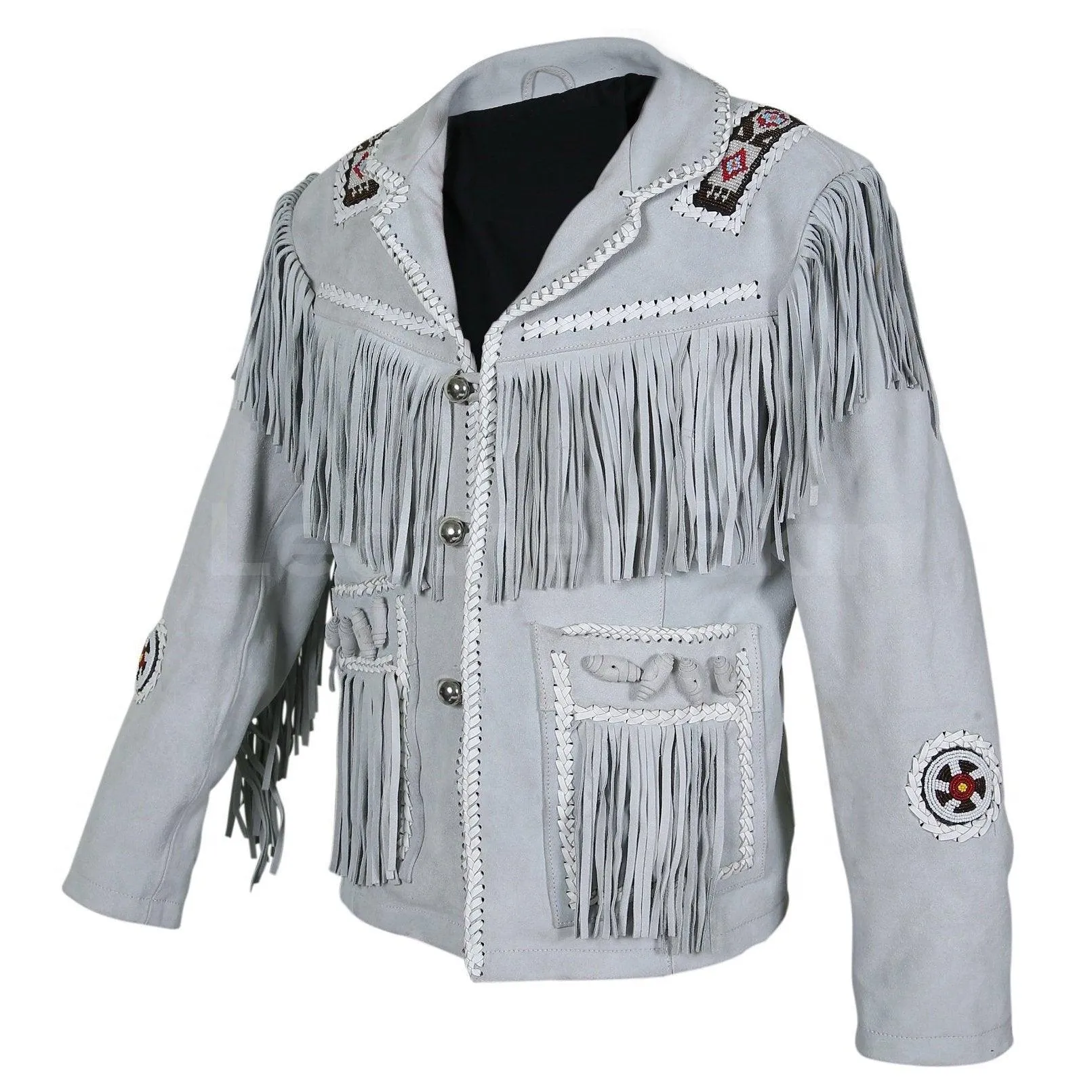 Men's White Western Style Fringes Cowboy Suede Leather Jacket