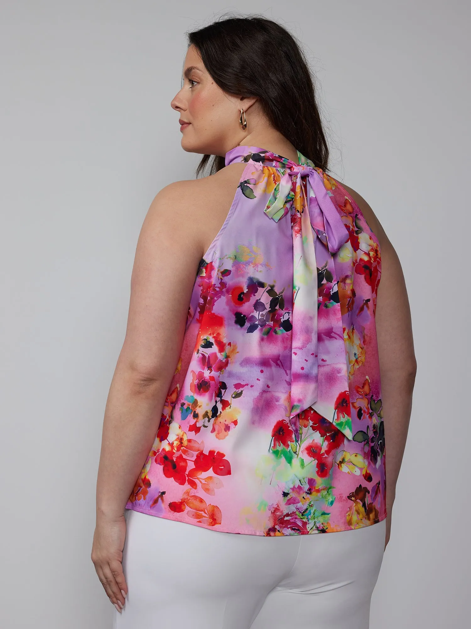 Plus Floral Halter Tie Back Top