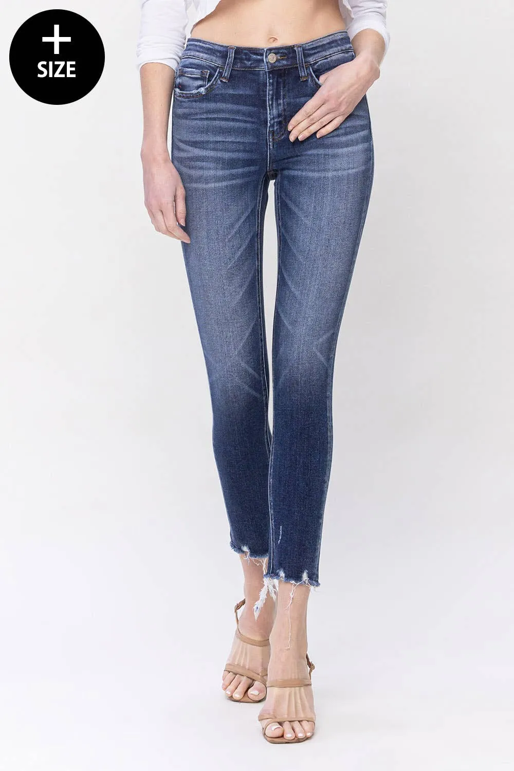 PLUS MID RISE RAW JEAN W DISTRESSED HEM CROP SKINNY