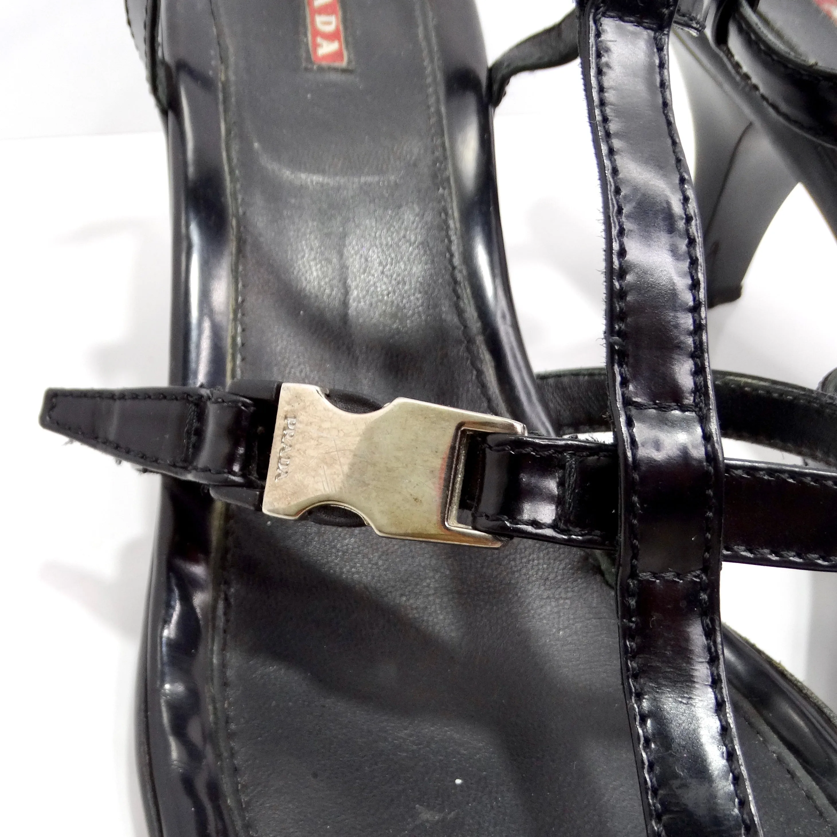 Prada Vintage Black Leather Strappy Buckle Kitten Heels