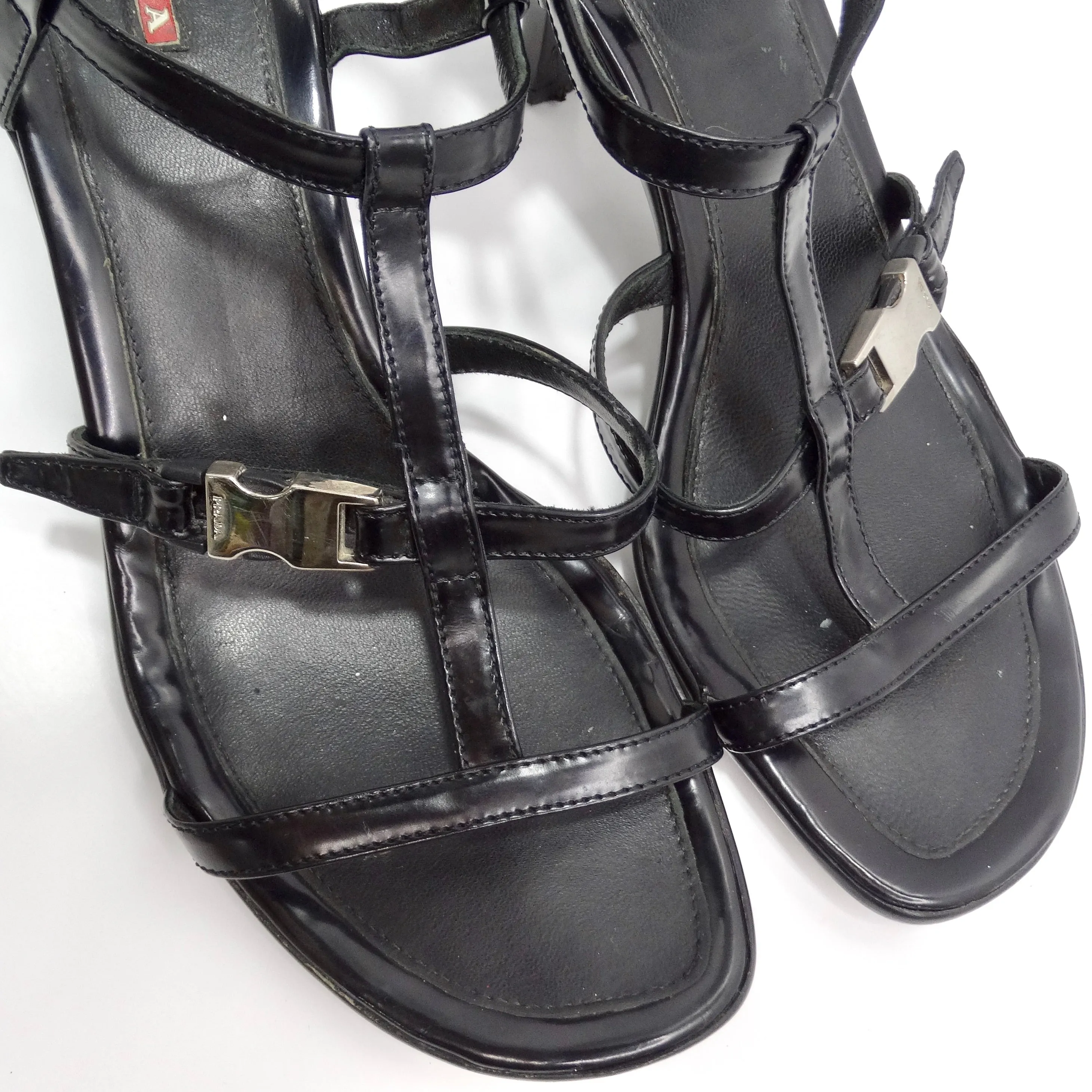 Prada Vintage Black Leather Strappy Buckle Kitten Heels