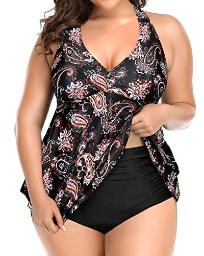 Ruffle Push Up High Waisted Plus Size Tankini Tops For Women-Black Tribal