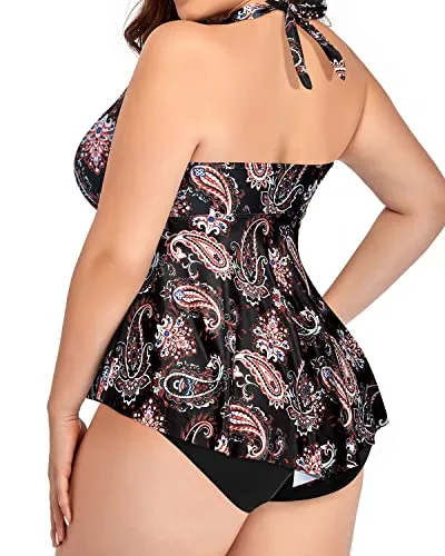 Ruffle Push Up High Waisted Plus Size Tankini Tops For Women-Black Tribal