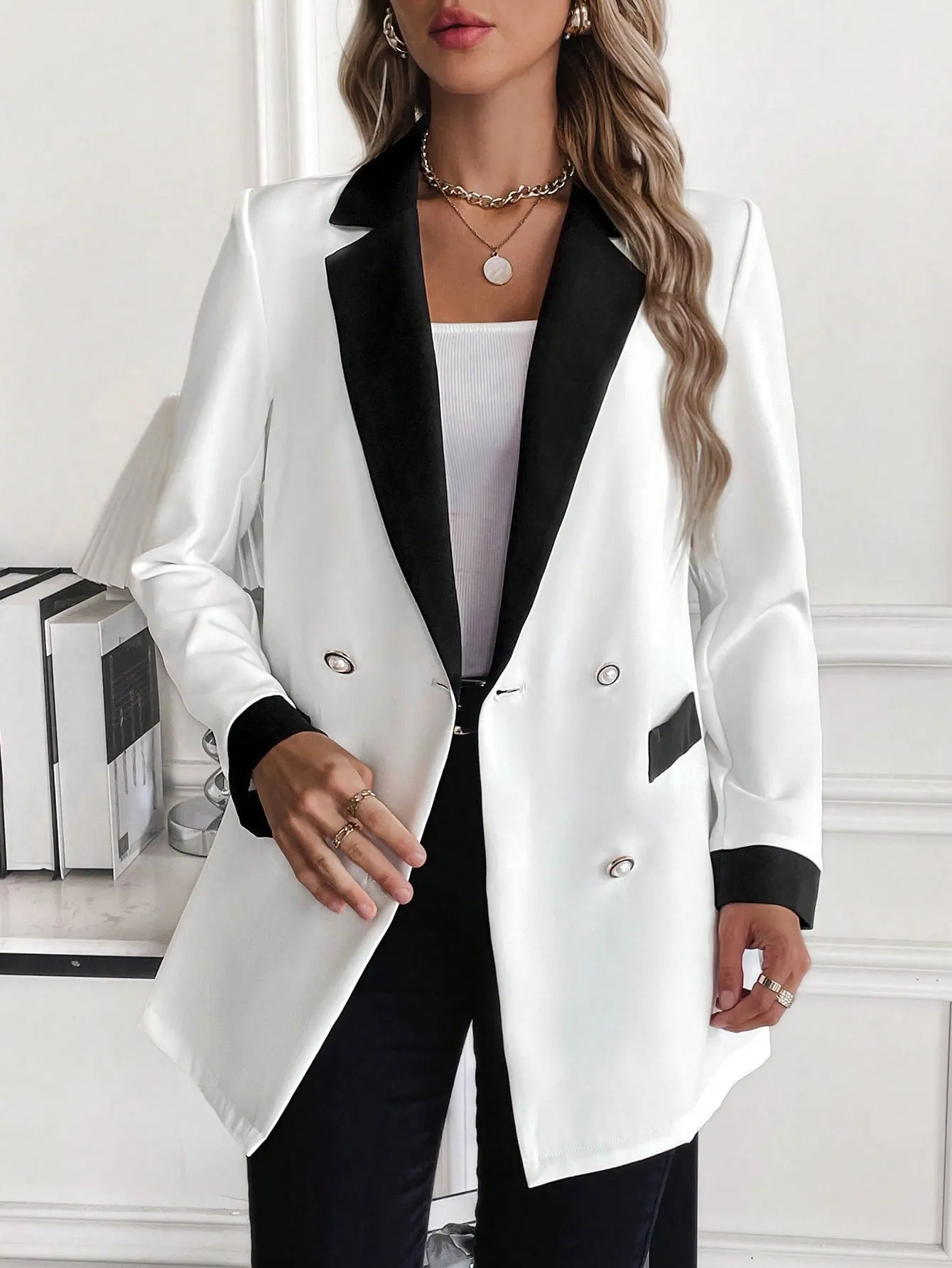 SHEIN Unity Contrast Panel Double Breasted Blazer