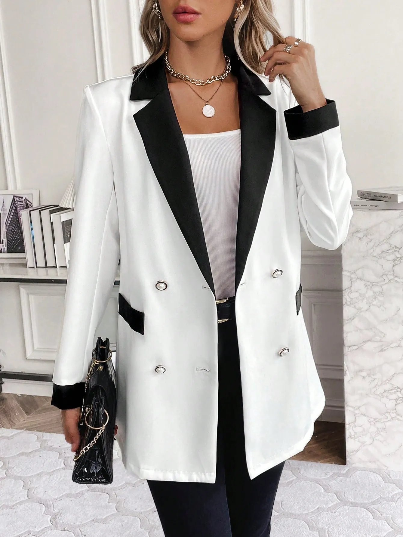 SHEIN Unity Contrast Panel Double Breasted Blazer