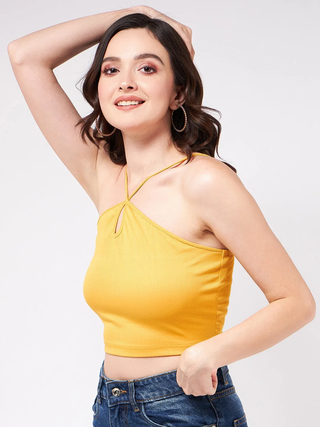 Solid Halter Neck Rib Crop Top