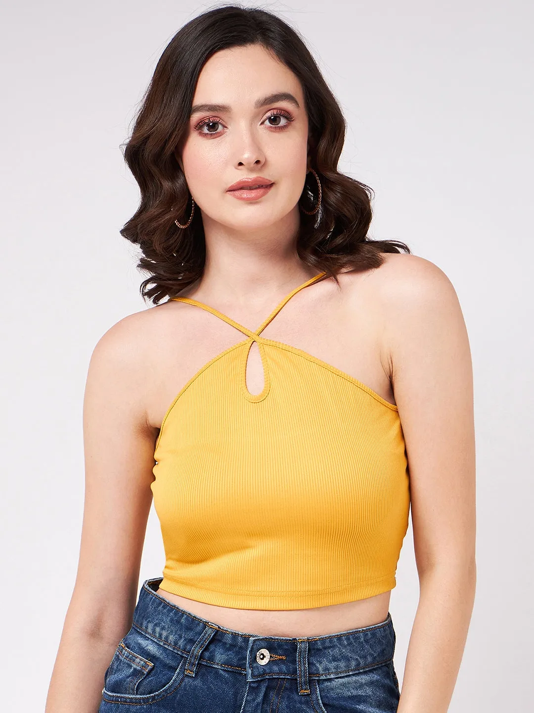 Solid Halter Neck Rib Crop Top