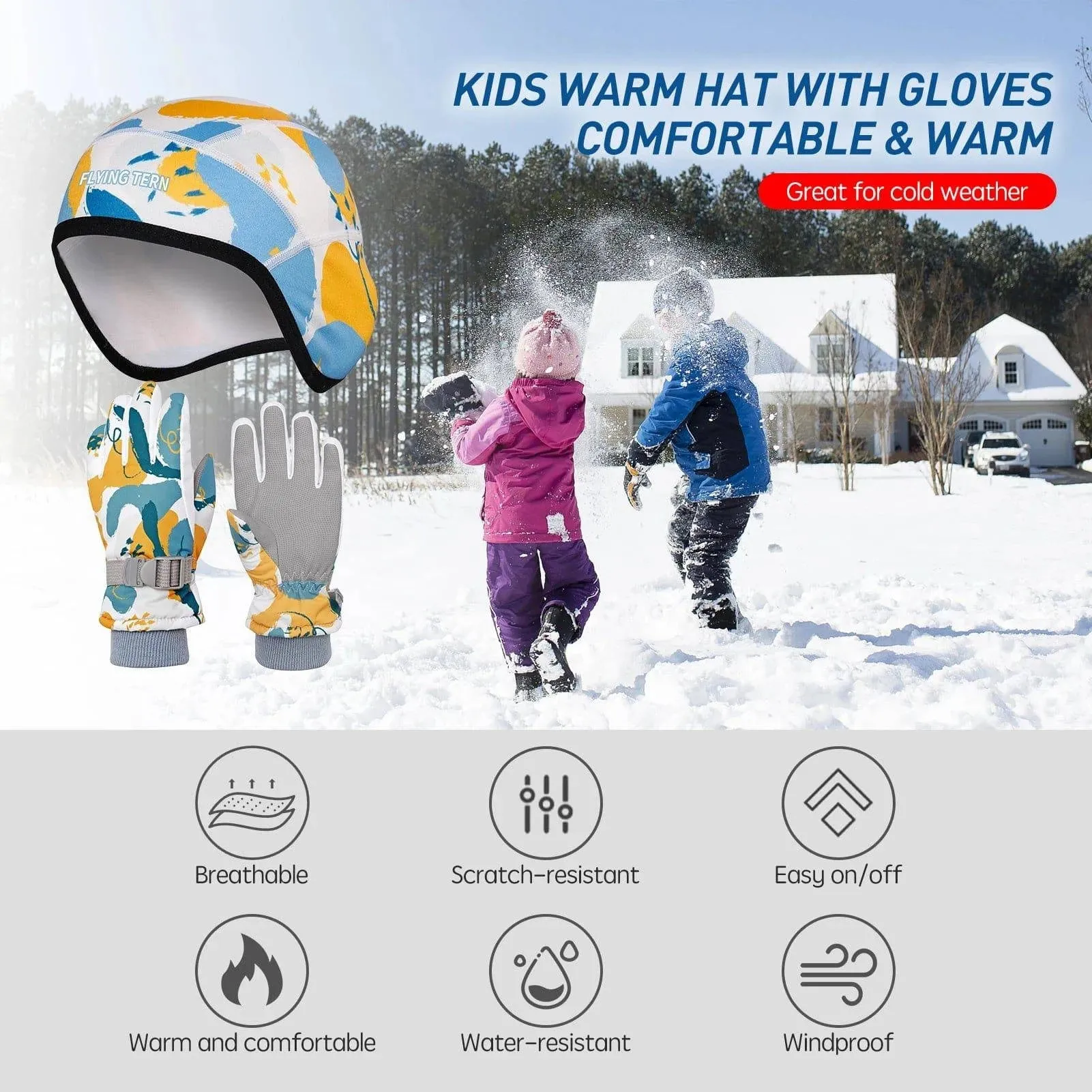 Winter Warm Beanie Hat and Gloves 2 Piece Set for Kids Windproof Ski Beanie Cap with Mittens for Cold Weather Skiing Skating