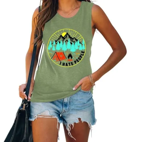 Women I Hate People Happy Camper Tank Shirt Camping Shirt for Women