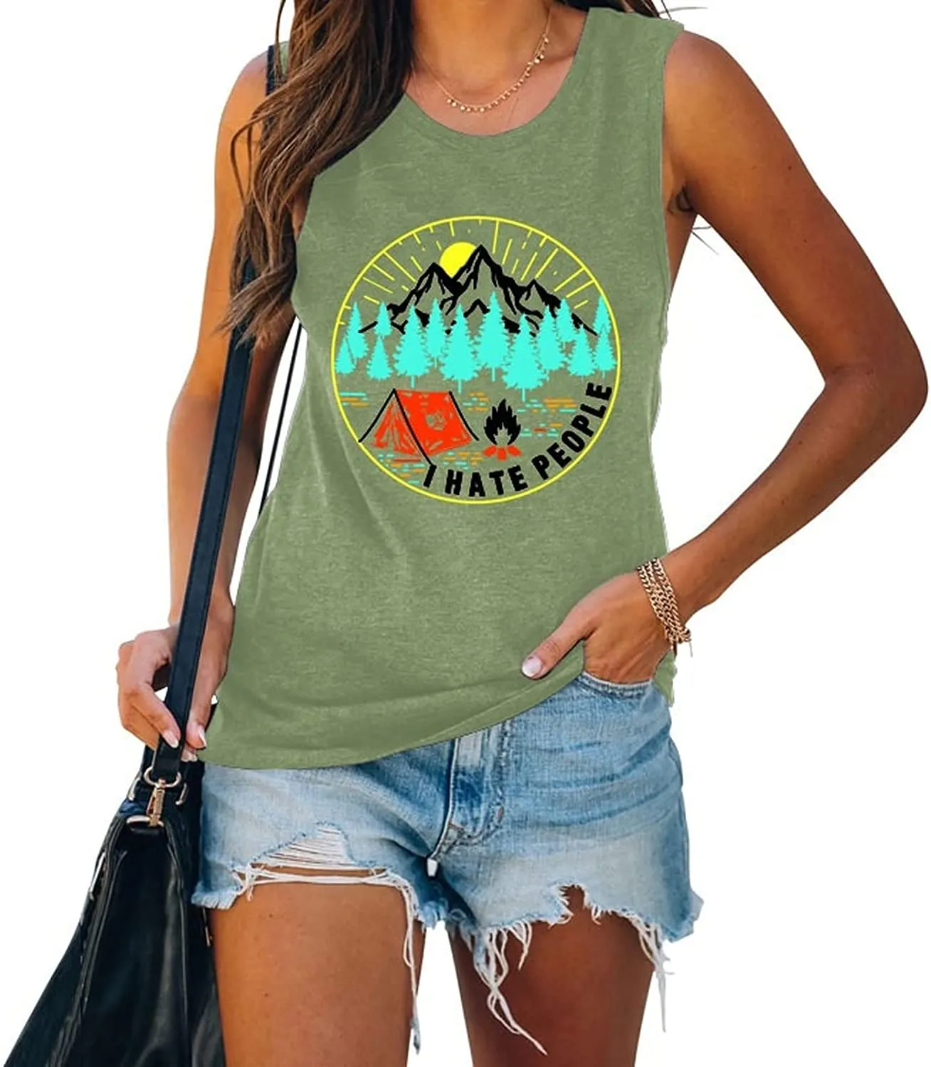 Women I Hate People Happy Camper Tank Shirt Camping Shirt for Women