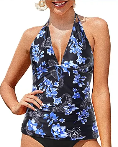 Women's Tummy Control Halter Tankini Tops V Neck Swim Tops Bathing Suits